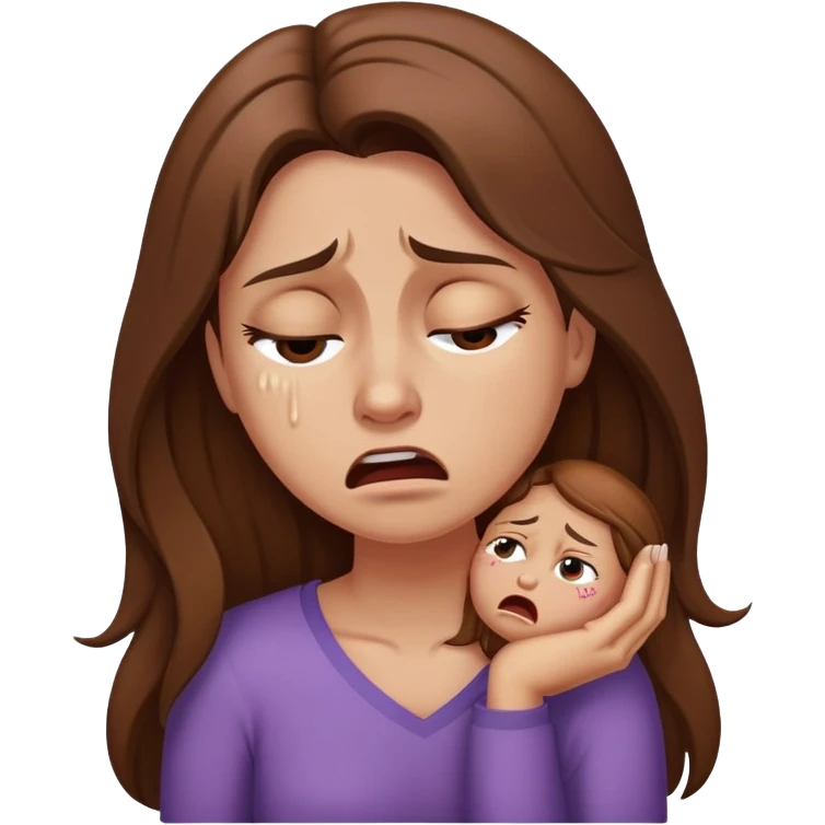 Crying woman with long brown hair with stomach cramps emoji
