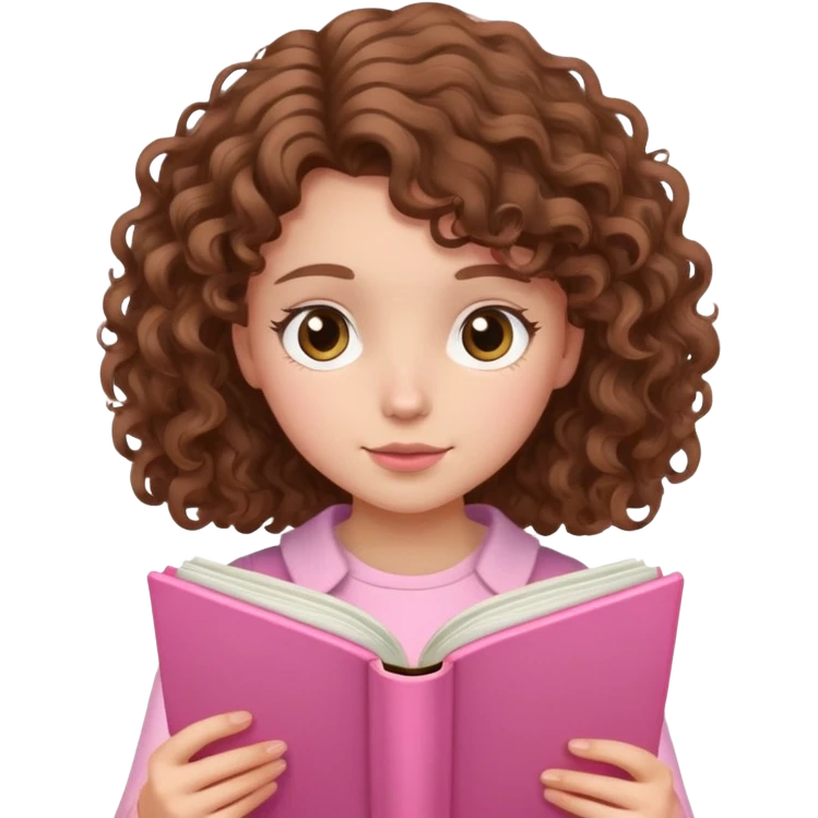 girly character with brown soft curly hair reading a pink book emoji