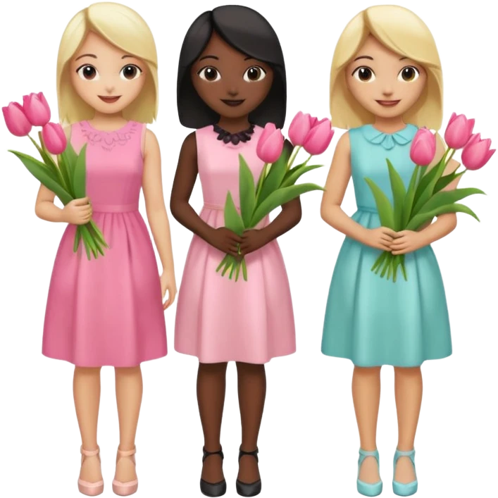 5 girls at a garden party wearing pastel dresses and holding tulips, one is black one is blond, one is asian, one is latina emoji