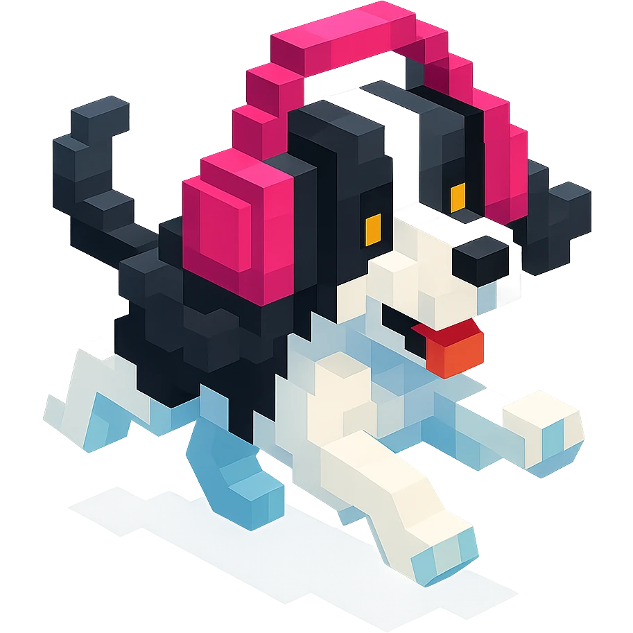 black and white Russian Cocker Spaniel puppy wearing headphones, running pose with exaggerated motion emoji