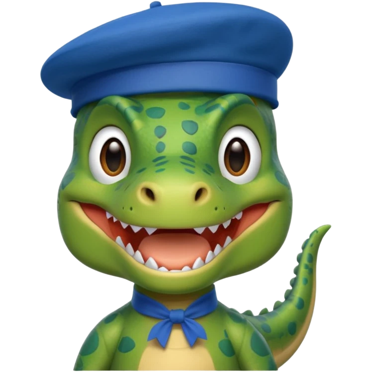 Let’s do a cute green T Rex with a blue French beret emoji