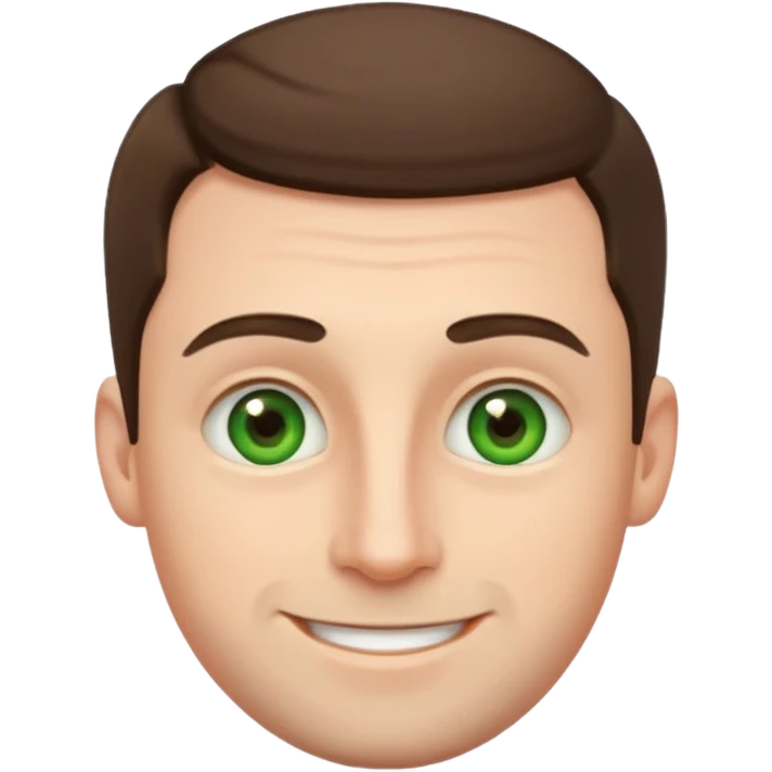 white man, 30 years old, white skin, round face, wide nose, big eyebrows, no beard, very short brown hair, green eyes, emoji style emoji