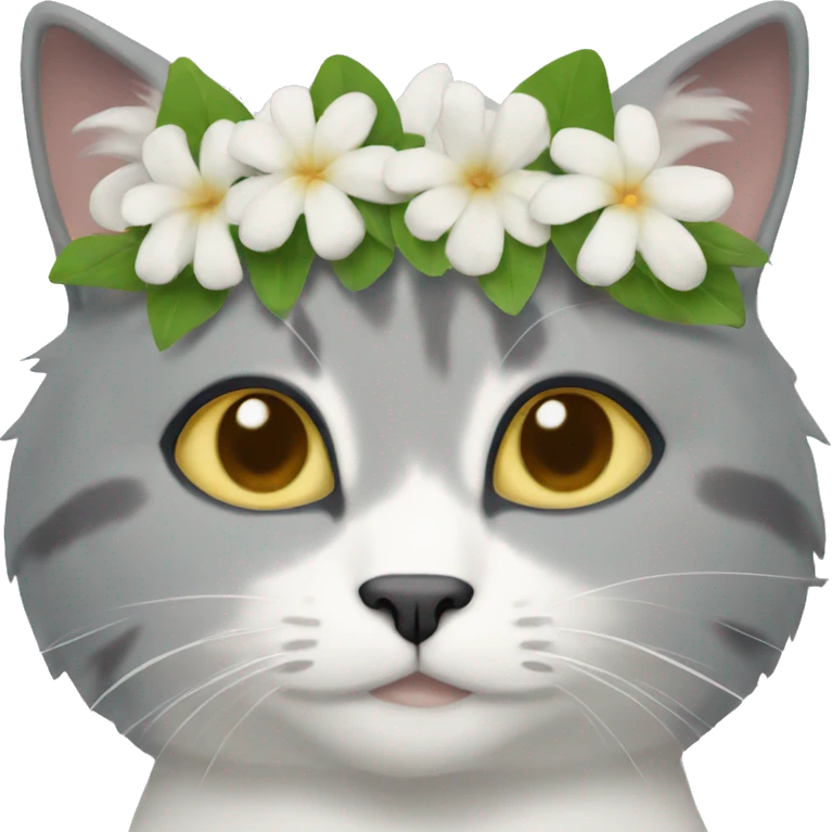 Gray and white cat flower crown emoji