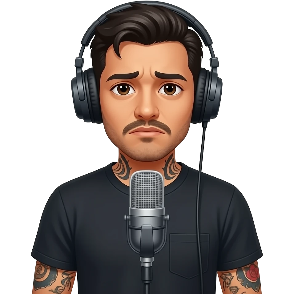 Sad, lonely, divorced tattooed Mexican man with headphones in the standing Microphone emoji