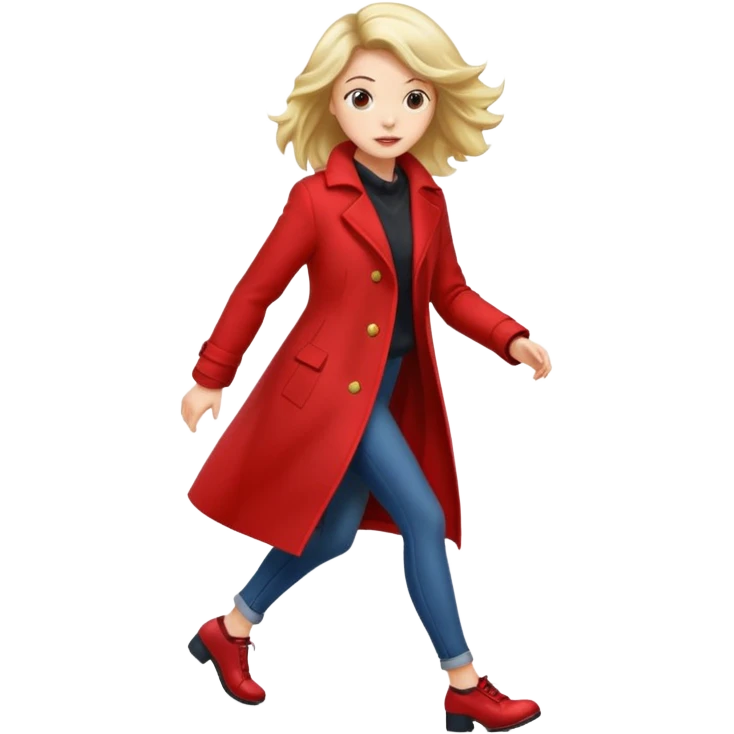 young woman walking fast down Broadway, hair bouncing and shiny. emoji