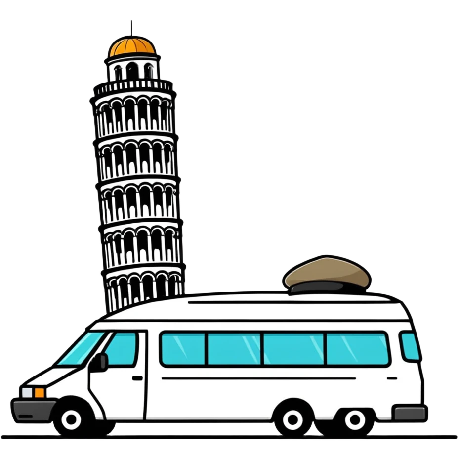 White colour van with big flat cap crashing into Pisa tower emoji