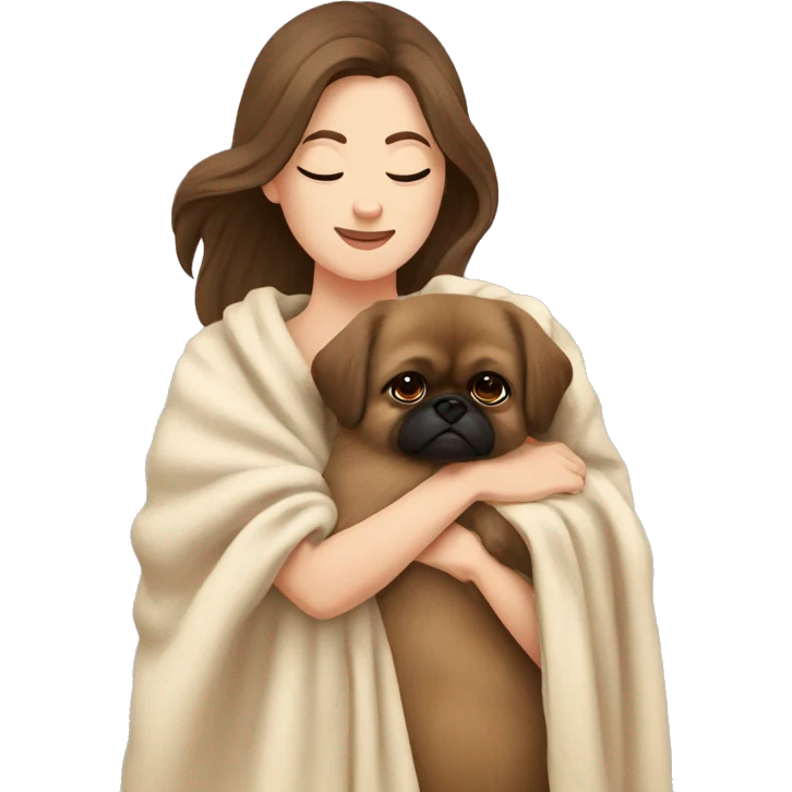 A Women with brown hair is cradling her Pekingese in a beige blanket emoji