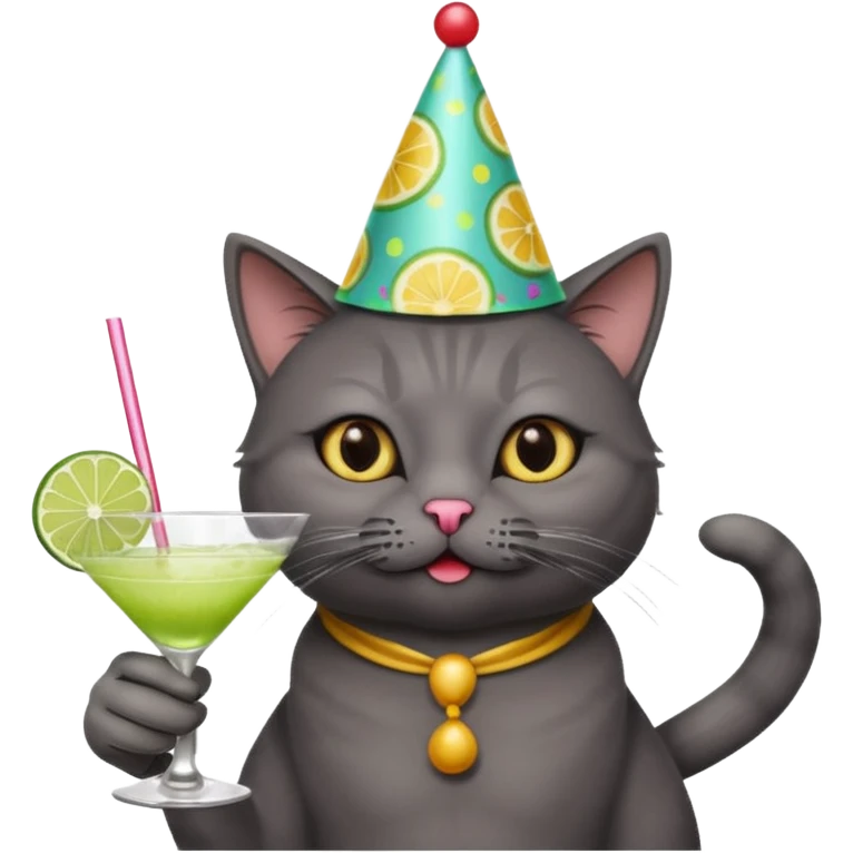 An old, dark grey cat is wearing a party hat, and drinking a margarita. emoji