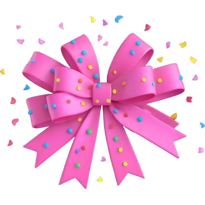 3D emoji style pink bow with confetti burst background emoji