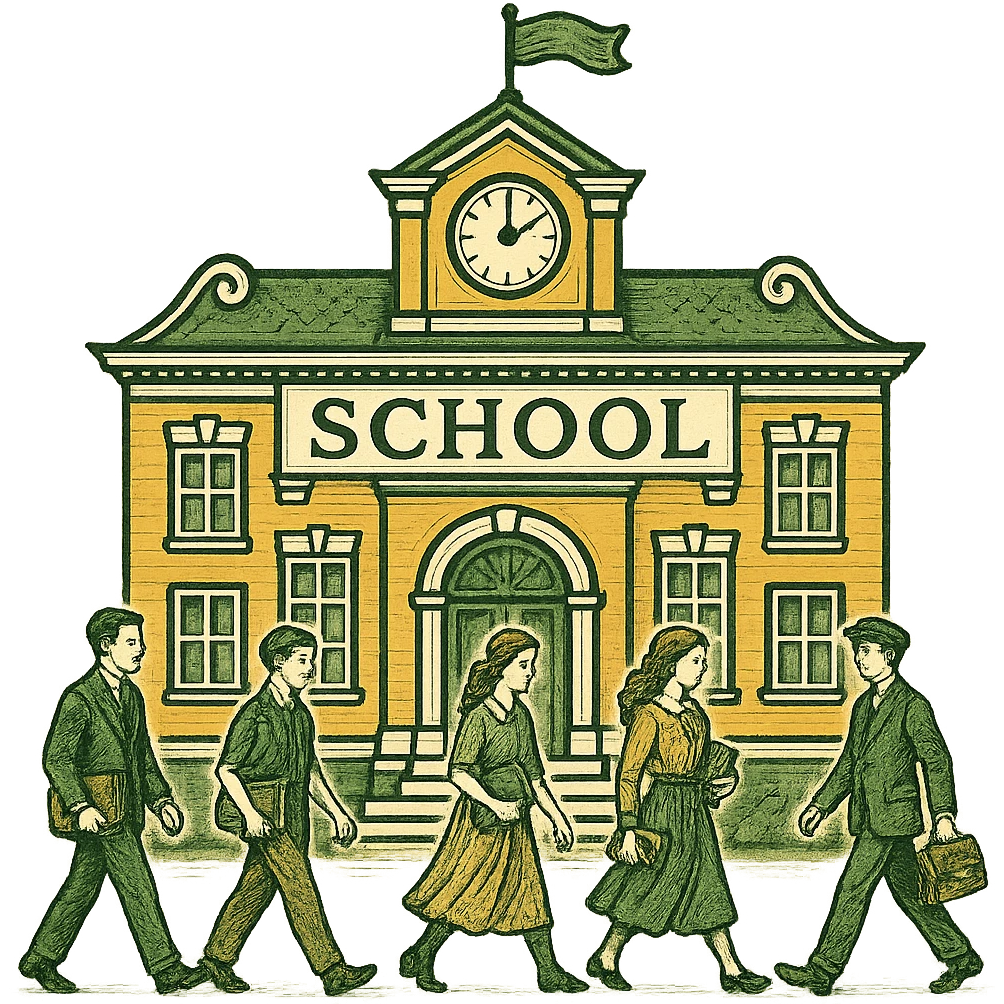 Add students walking in front of the school building in a classic look with a green, gold, and white color scheme. Include elegant lines and decorative details, with no background. emoji