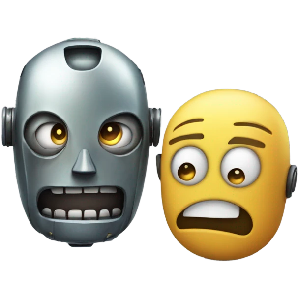 Two robots with menacing grins, looking down at a small human figure with a worried expression. emoji