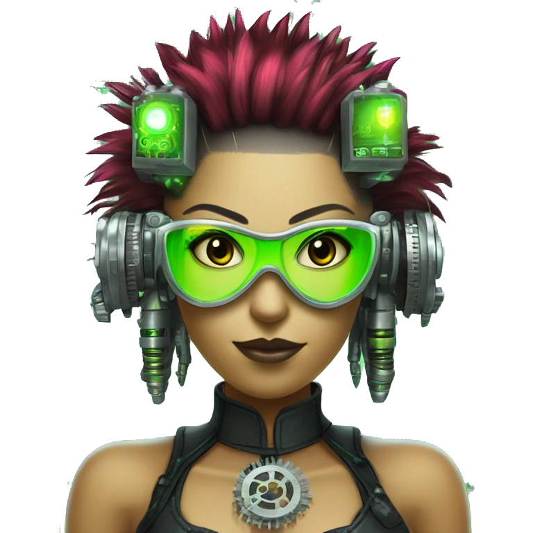 Neon green Mohawk hair Latina female cyborg head with silver steampunk goggles and circuits emoji