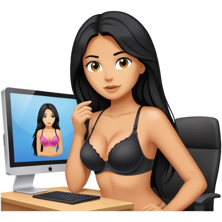 in front of the computer, camera filming, black long hair tanned woman, bra  emoji