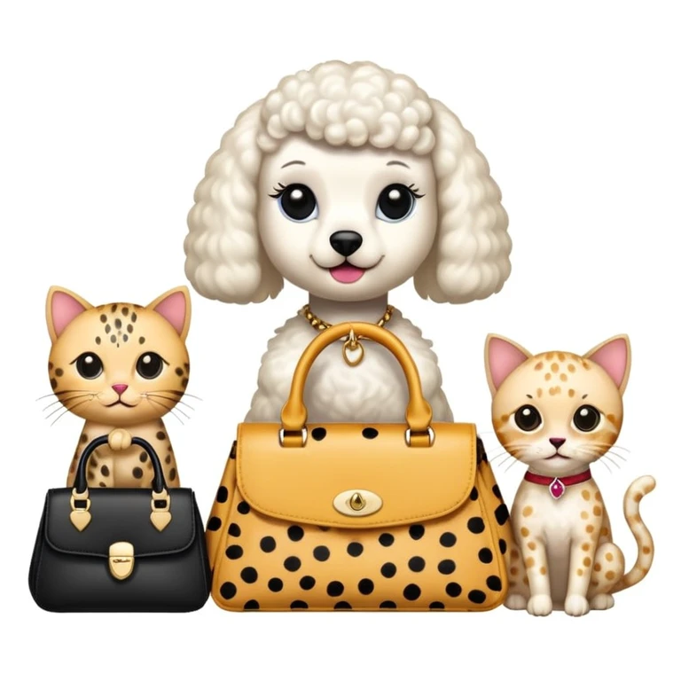 A spider, a cat, a white poodle and a cheetah, all holding purses emoji