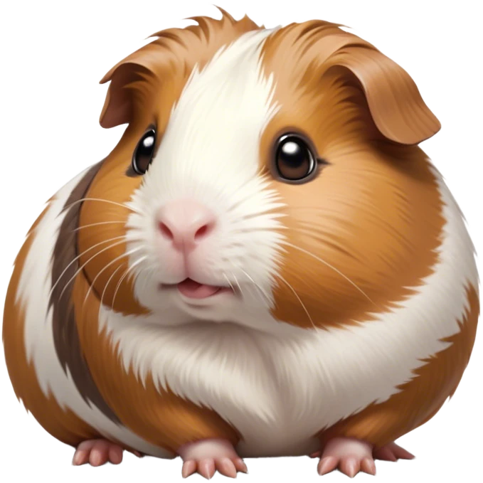 Cinematic Cute Brown and White Banded Guinea Pig Portrait Emoji, Head tilted playfully and inquisitively, showcasing a fluffy coat with playful brown and white banded patterns, round, sparkling dark eyes filled with curiosity, Simplified yet irresistibly adorable features, highly detailed, glowing with a warm, friendly glow, high shine, affectionate and spirited, stylized with a touch of whimsy, bright and endearing, soft glowing outline, capturing the essence of a mischievous yet loving guinea pig, so playful it feels like it could dash out of the screen and into your arms! emoji