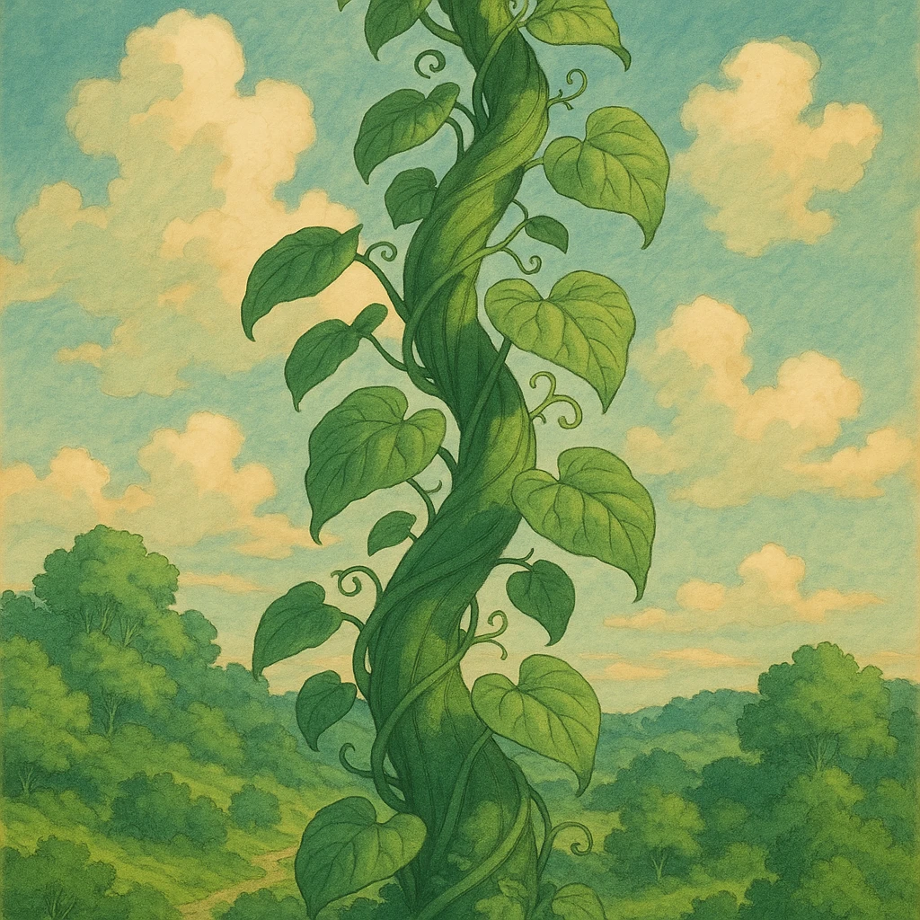 storybook illustration of a lush green beanstalk stalk winding upward emoji