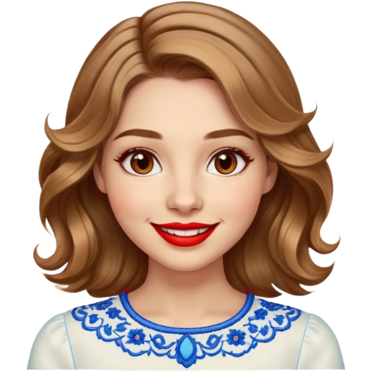Cheerful woman with clear skin, round face, wide friendly smile, big light brown eyes, vibrant red lipstick, shoulder-length wavy dark blonde hair with light highlights, white top with blue embroidery and electric blue neckline emoji