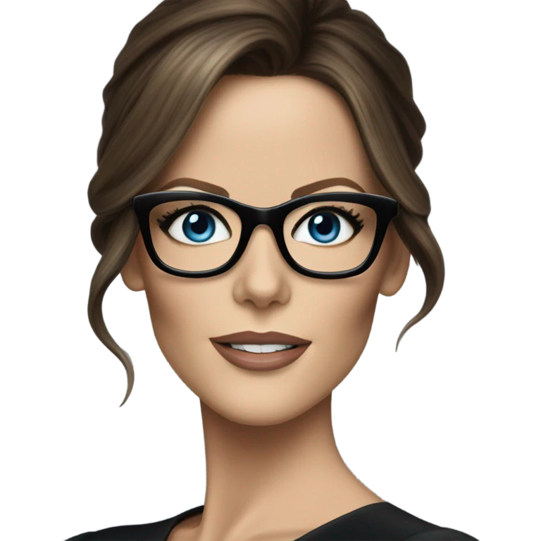 Hyper Realistic photo Kate Beckinsale blue eyes wearing glasses in a business meeting black dress emoji