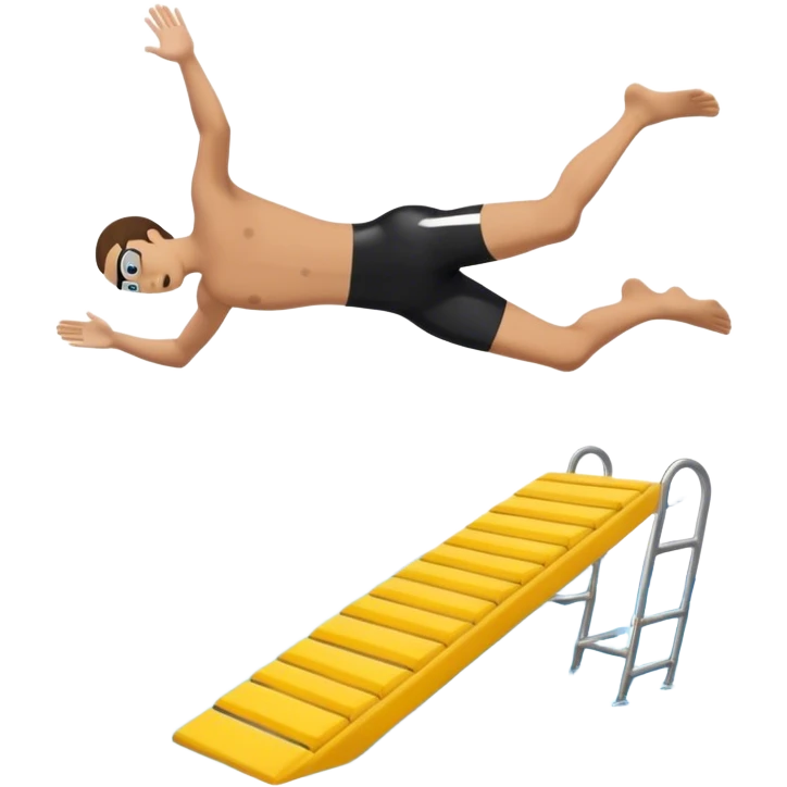 A diver mid-air after jumping off a diving pool,  Below him, a pool labeled "Confidence". A subtle 5-4-3-2-1 on the diving board shows they took the leap despite fear. emoji
