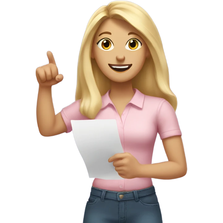 White woman with long blonde hair, wearing a light pink shirt, showing off a completed to do list in one hand, and flexing her other arm emoji