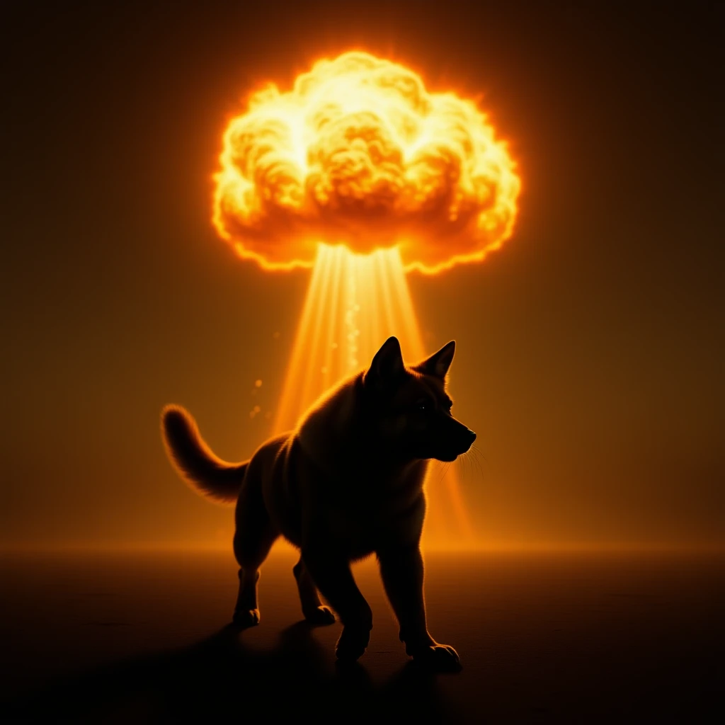 Cinematic still from squid game movie, dog, explosion in background emoji
