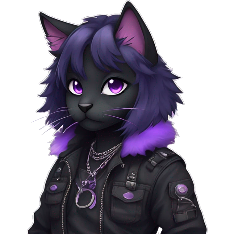Gorgeous furry gothic dark techwear anime style anthro black cat furry sona Fakemon with blushing face aesthetic and pretty edgy black with violet collar and harness trending style chains cargo pants emoji
