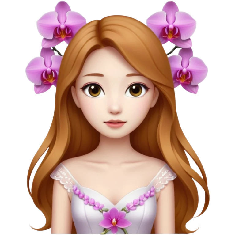 Asian girl with long golden brown hair white skin makeup natural with orchid white/pink only on her left ear, her dress is white  coquette  emoji