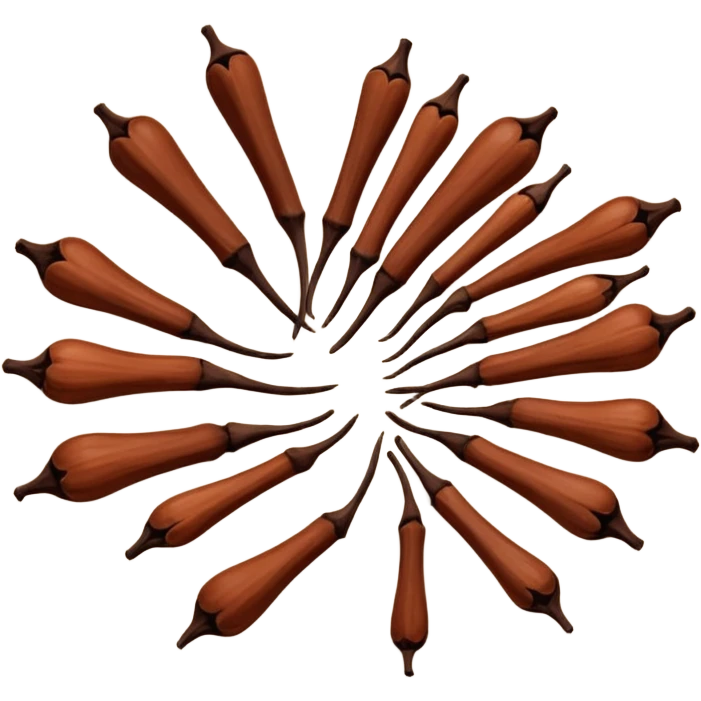 loose scatter of whole cloves, deep brown color, distinctive nail-like shape with rounded heads and tapered stems, dry woody slightly ridged texture, subtle color variations from dark mahogany to reddish brown, soft lighting, subtle shadows, emoji scale emoji