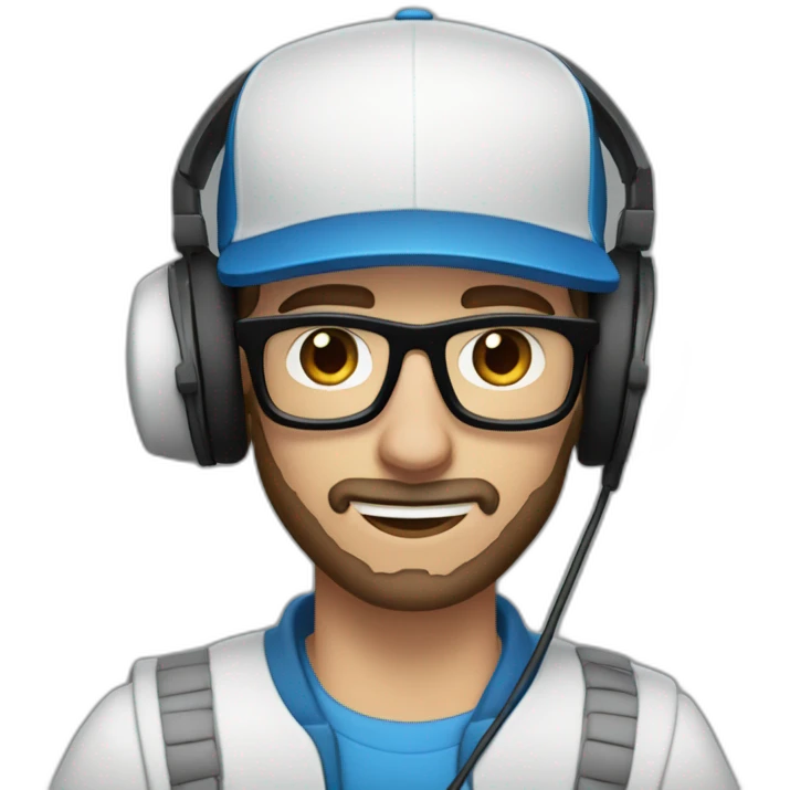 blue eyed scruff white man in a backwards baseball black hat and rectangle glasses wearing headphones with microphone - brown hair emoji