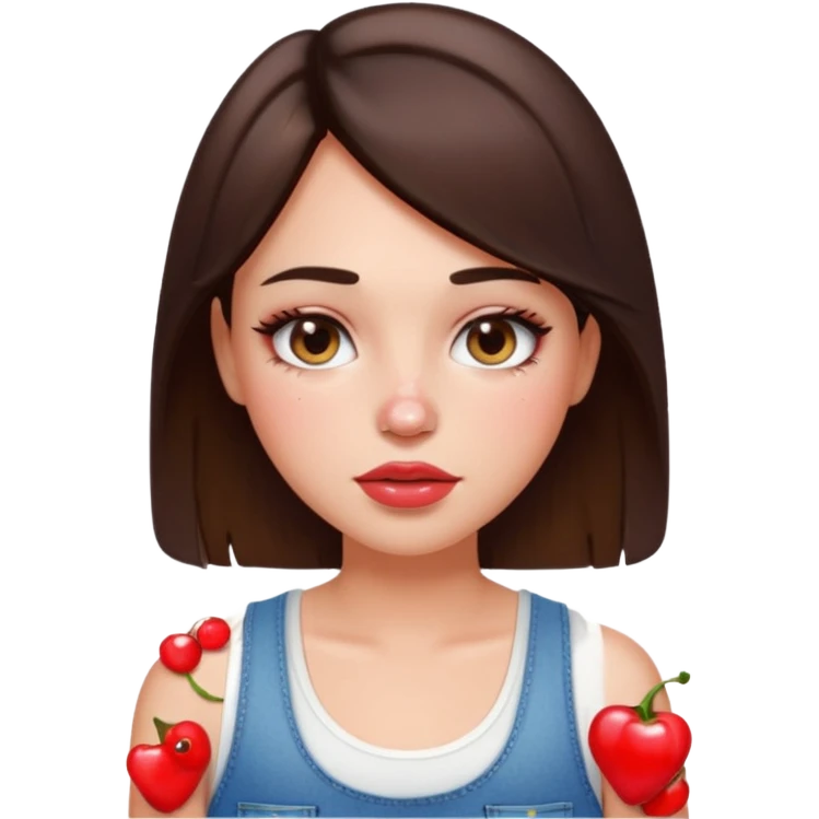 “Emoji brunette girl white tanktop, dewy skin, heavy blush across cheeks and nose bridge, glossy cherry lips, soft eyeliner, teary sparkling eyes like hanni from new jeans emoji