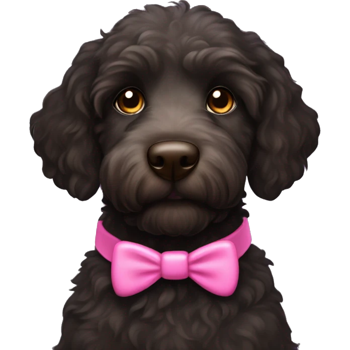 Black labradoodle female dog with brown eyes and a pink collar on with the name Bonnie emoji