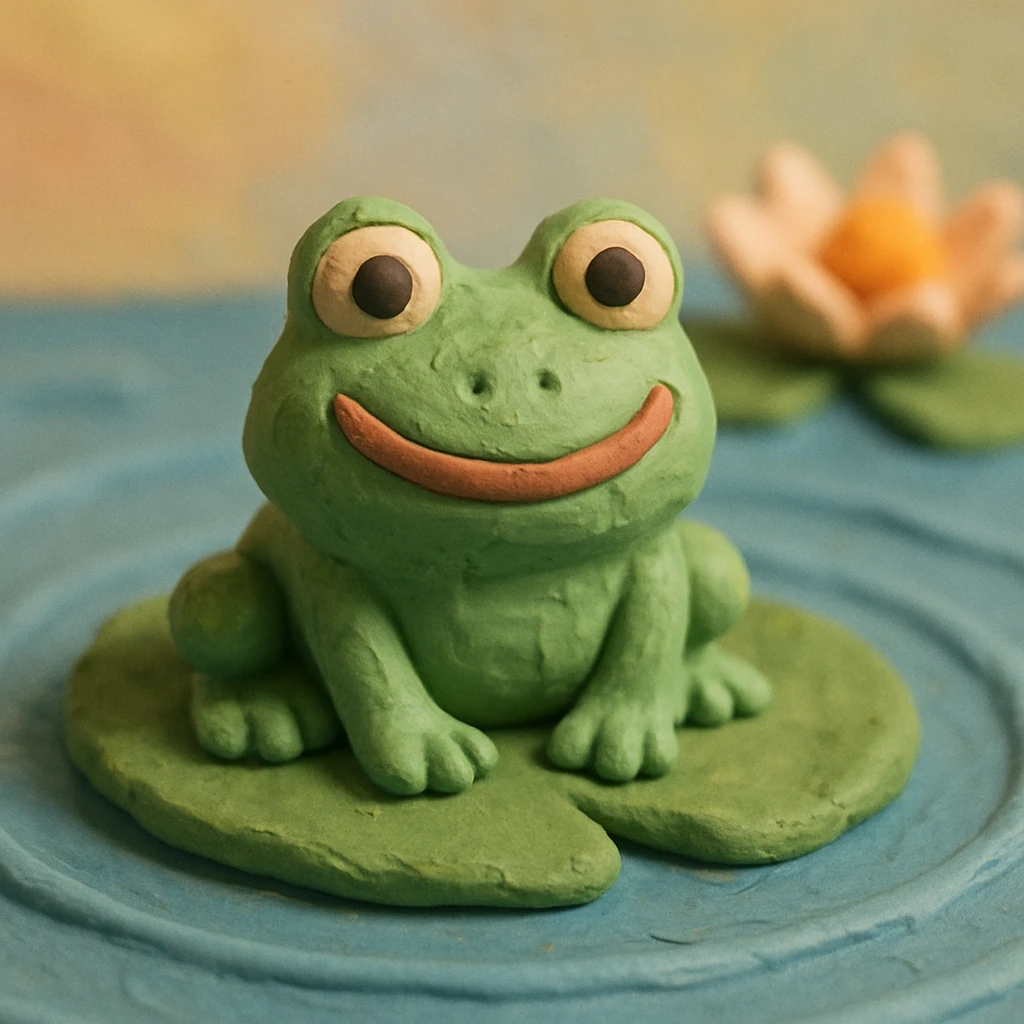 close-up of a smiling frog on a lily pad, gentle ripples in the pond, pastel background, claymation style emoji