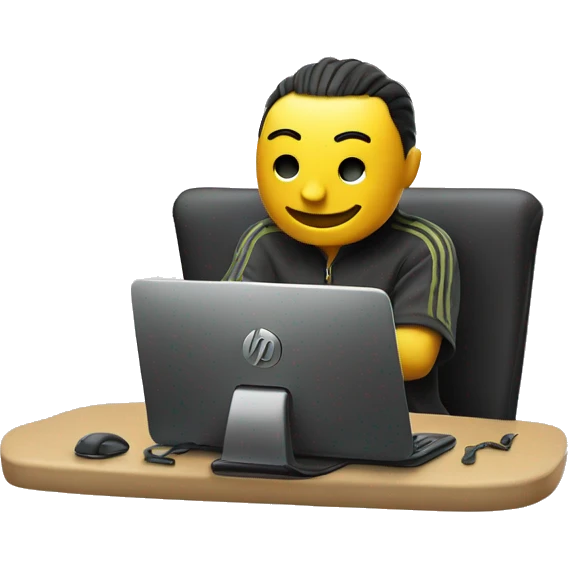 An emoji-style character sitting in a relaxed and fun pose in front of a PC.
The PC should clearly display the HP Victus logo on the front.
 emoji