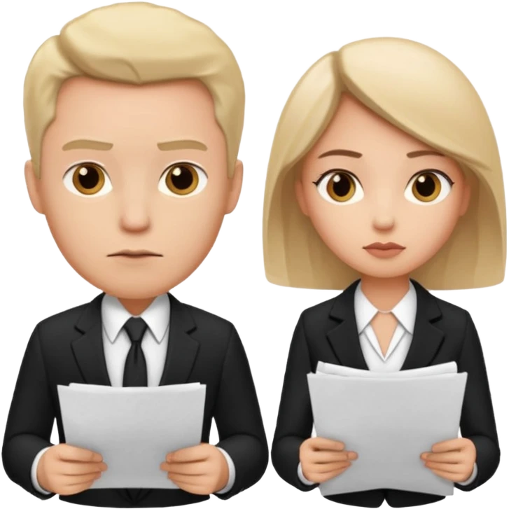man in formal suit talking to woman in formal suit, they sit, papers in hands emoji