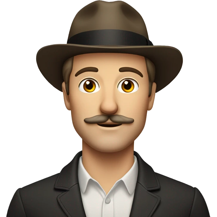 a white man with a french mustache. very handsome, he has a chiseled jawline and hollow cheeks. a hint of eyeliner on the eyes. no hat, he has a brown slickback haircut emoji