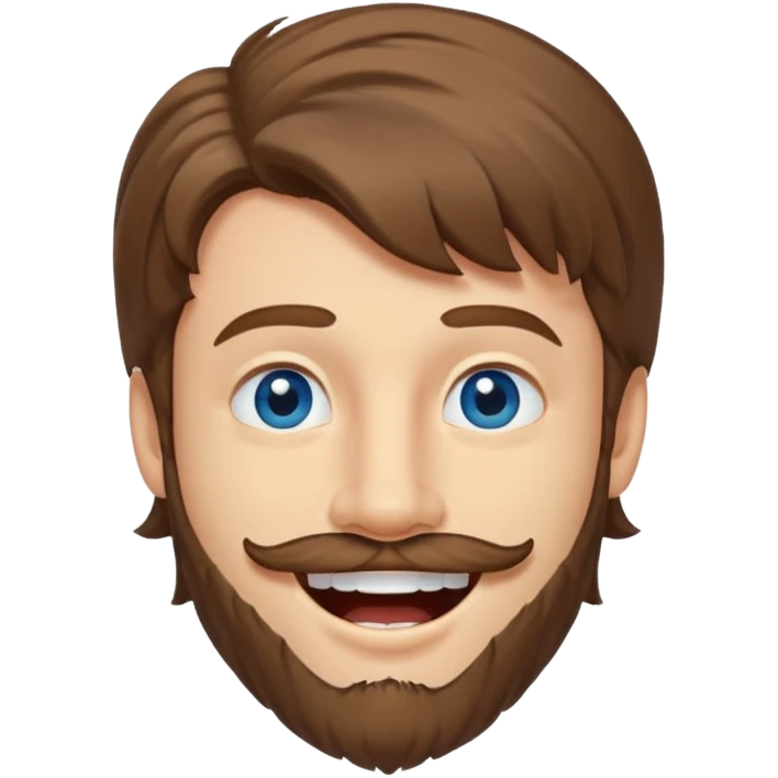 25 year old man, short scruffy beard and sparse moustache, brown puffy mullet, blue eyes, big smile, white teeth, big lips, pronounced jaw emoji