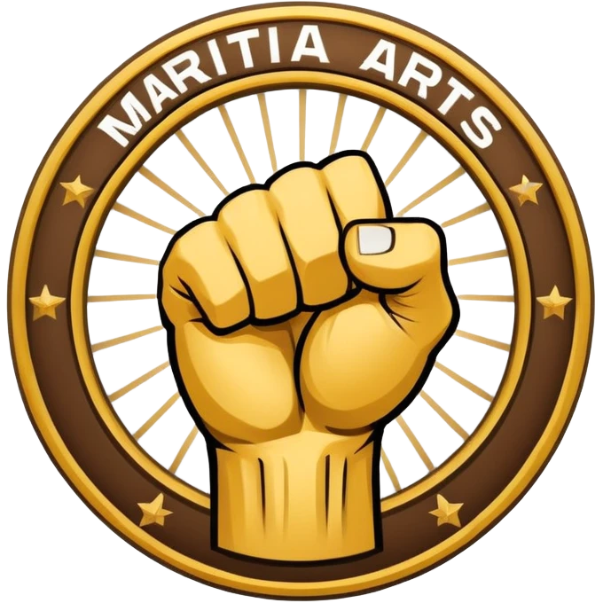 Round emblem symbolizing combat sports, featuring a clenched fist facing forward at the center. The fist is bold and strong, representing power and skill in martial arts. Surrounding the fist are dynamic lines, giving the emblem a sense of motion and energy, emphasizing the intensity of combat.  emoji