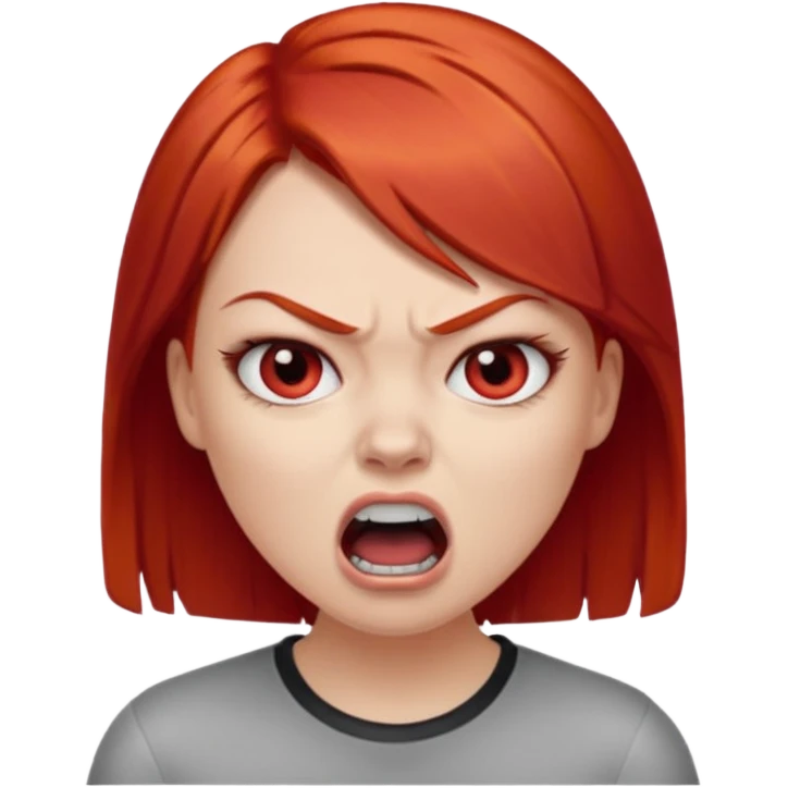 una chica con los labios y los ojos maquillados, de piel blanca con el pelo liso y corto y pelirrojo enojada gritando emoji