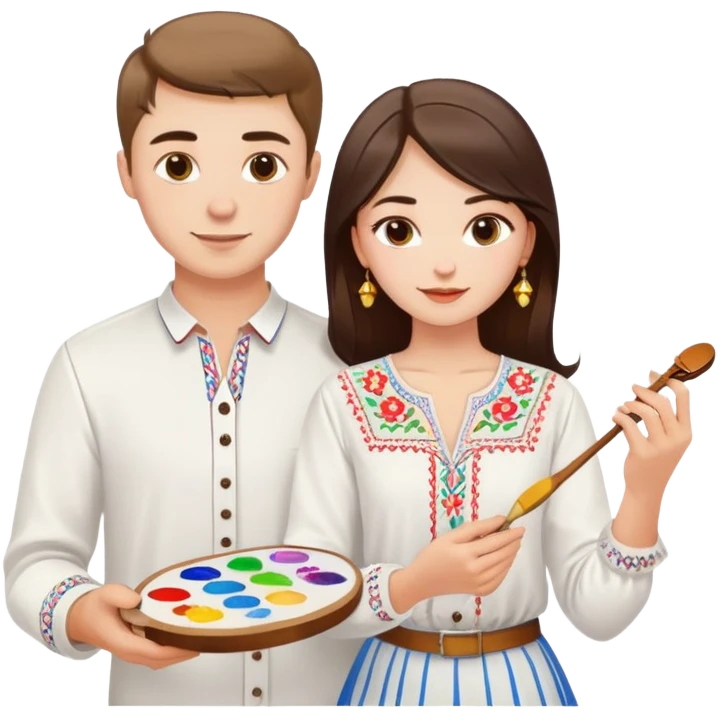 a guy in a white Ukrainian embroidered shirt and a girl in a white Ukrainian embroidered shirt, holding music and a paint palette emoji