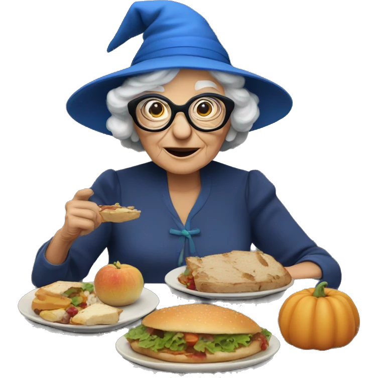 smart granny witch with glasses and blue hat lunching with friends emoji