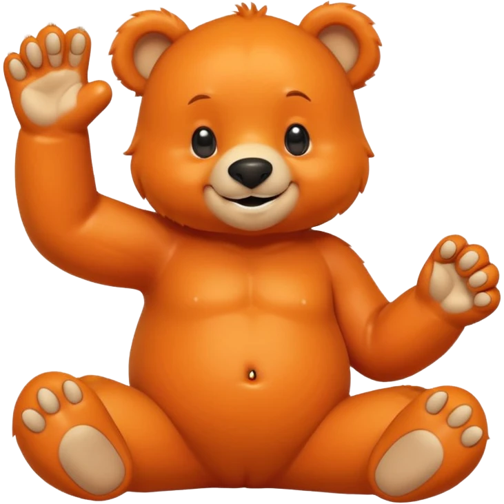 Create a orange friendly bear, make him look like from a kid cartoon and make him smile. Show his whole body. Make him look shy and cross his leg while pointing his index finger towards each other emoji