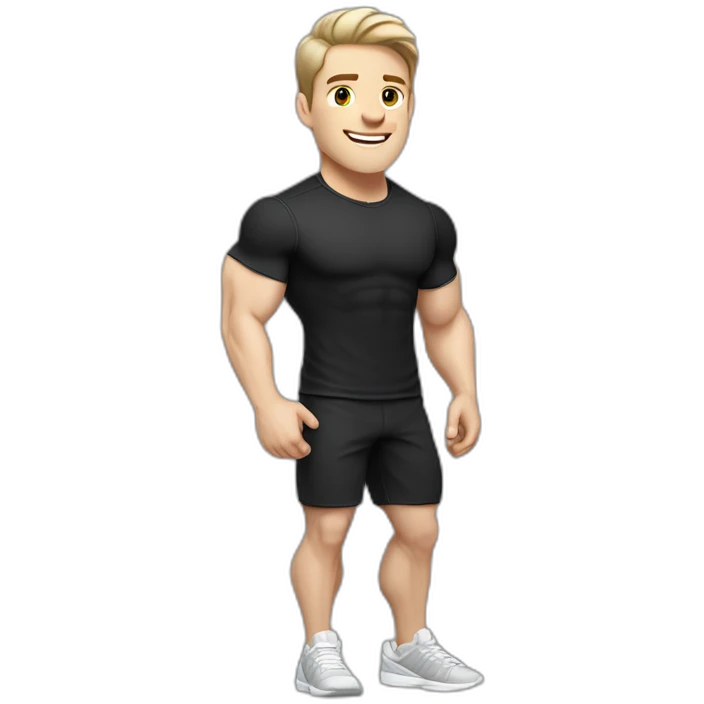 Joyful Pale skinned Fit Man With the biceps and dark brown hair in black shirt, gray sports shorts and white Sneakers emoji