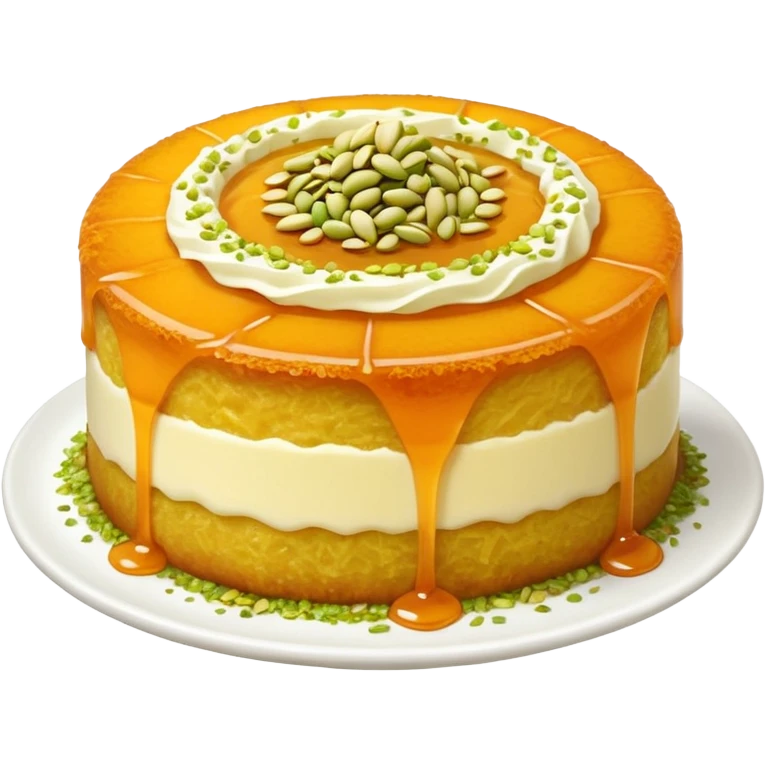 A small round emoji of traditional kanafeh with golden-orange crispy threads, a gooey white cheese center, and a light sprinkle of green pistachios. Warm and delicious-looking. emoji