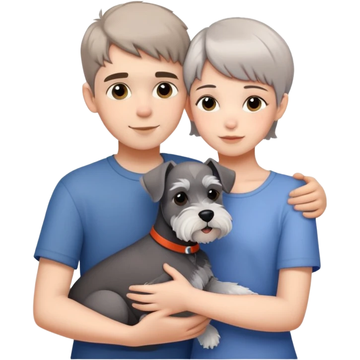 a boy and a shorthair girl hugs a Schnauzer emoji