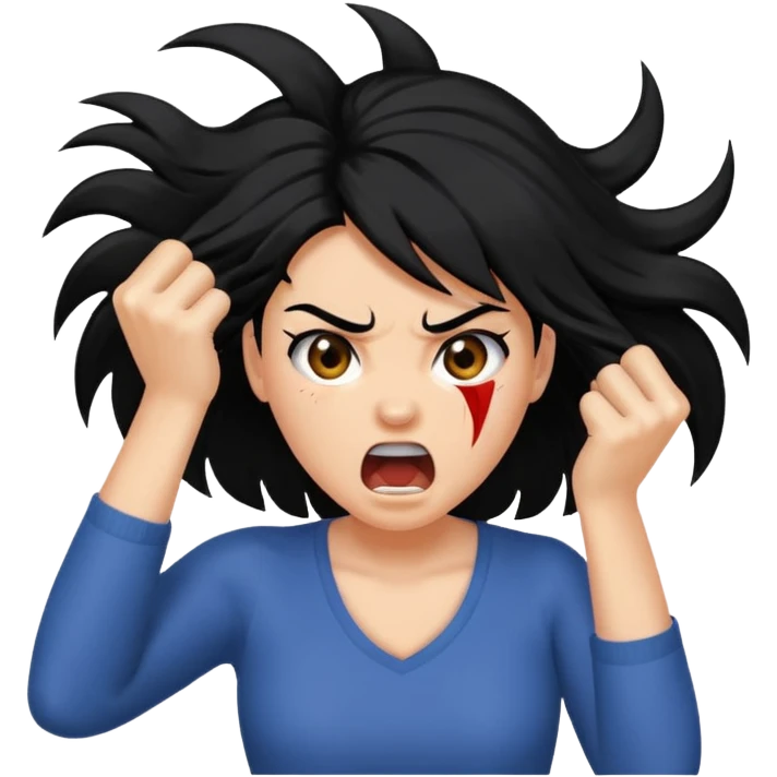 black haired woman ripping her hair out with rage emoji