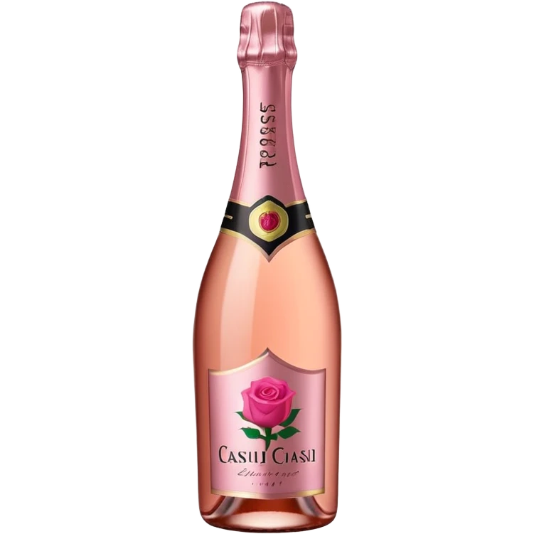 bottle of sparkling rosé champagne with a rose logo on the label, tilted up and to the left, no glass emoji