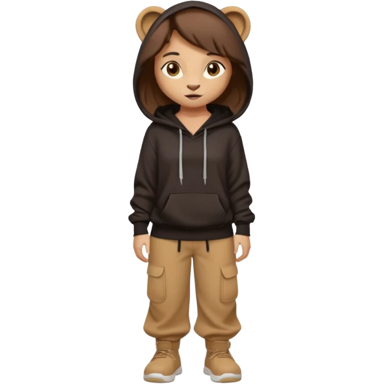 León tierno que sea mujer con pantalones guangos  y una sudadera negra con cabello suelto color castaño obscuro emoji
