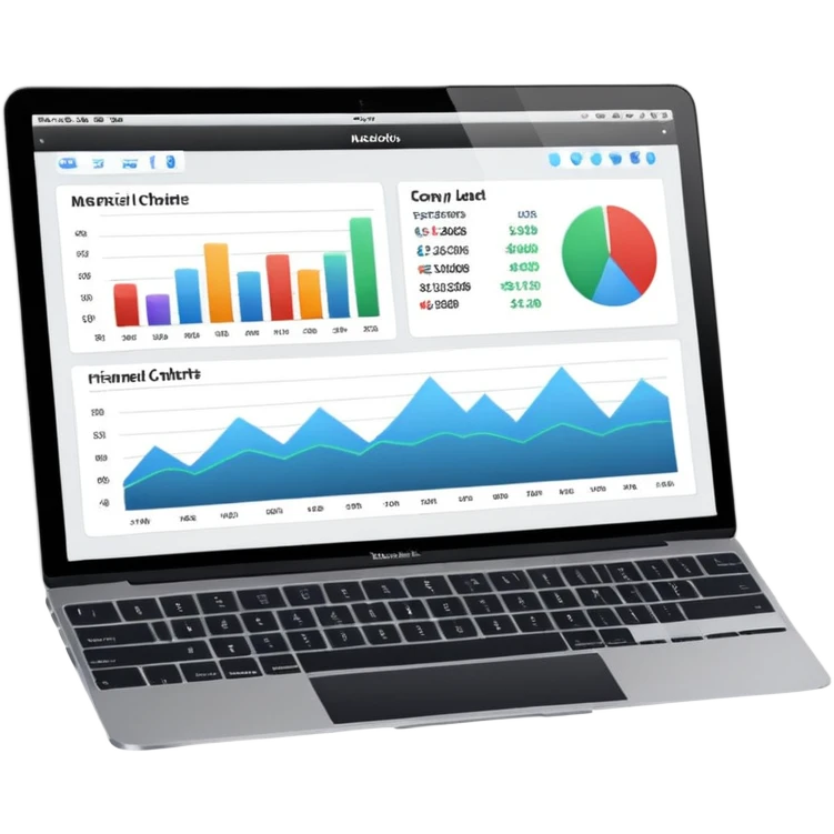 Create a macbook displaying financial charts and black analytics dashboards on the screen. emoji