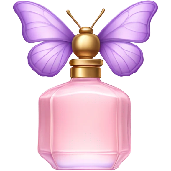 A dreamy vintage perfume bottle in soft pastel pink, adorned with delicate violet butterfly wings. emoji