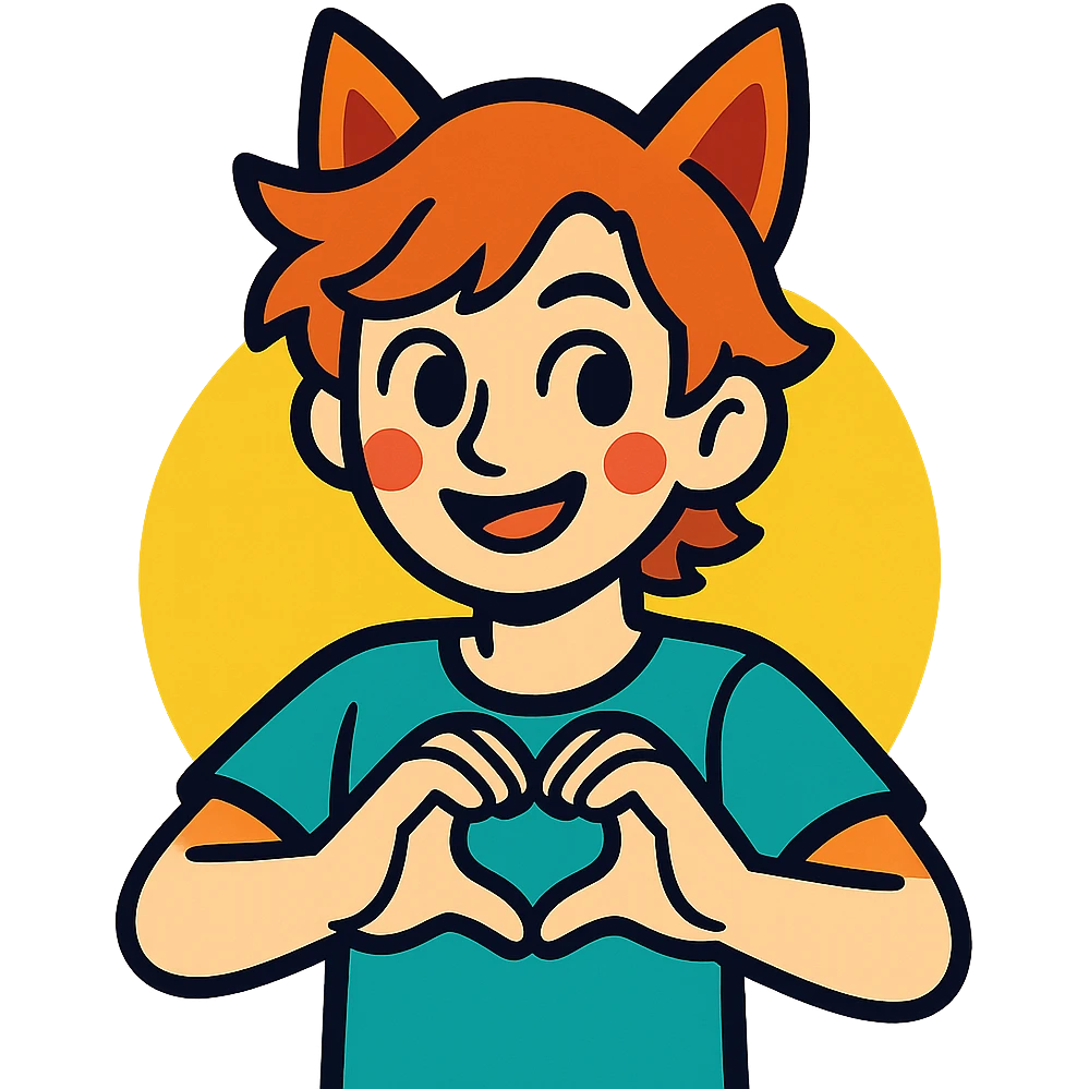 cartoon human with fox ears, making a heart gesture with hands emoji